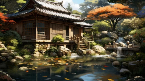 Serene Oriental Landscape: Japanese House by a Pond