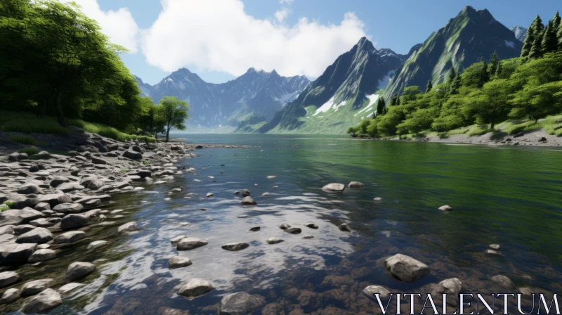 AI ART Serenity in Nature: Calm Waters and Mountainous Vistas