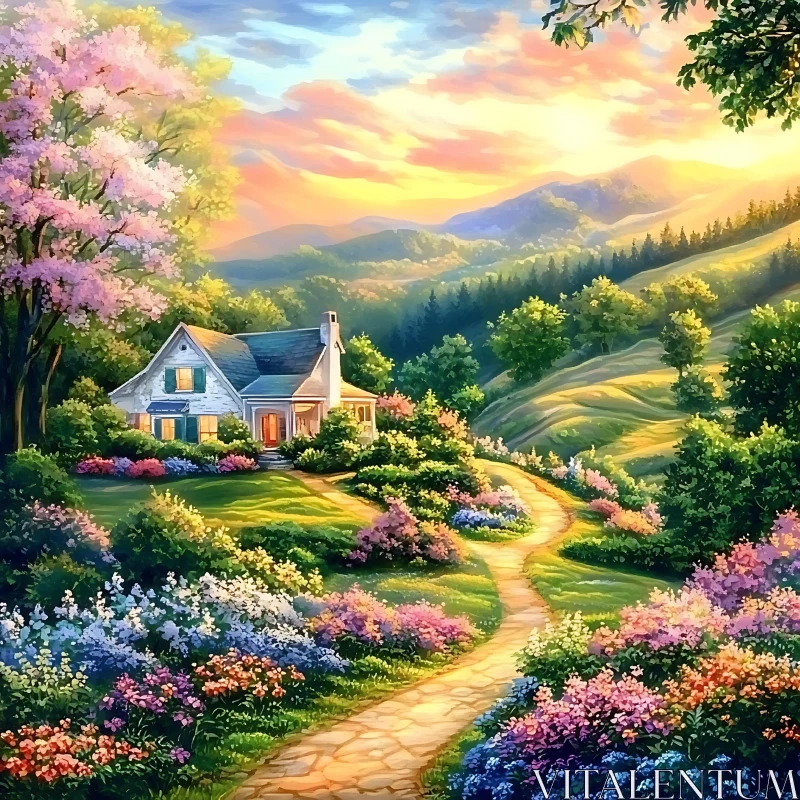 Idyllic Cottage Landscape with Sunset and Flowers AI Image