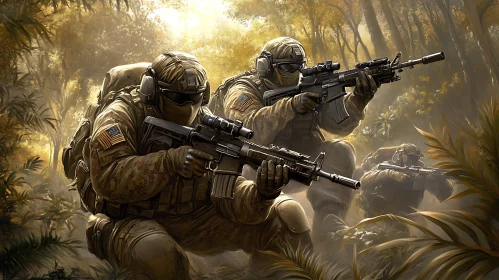 Camouflaged Warriors in Forest Ambush