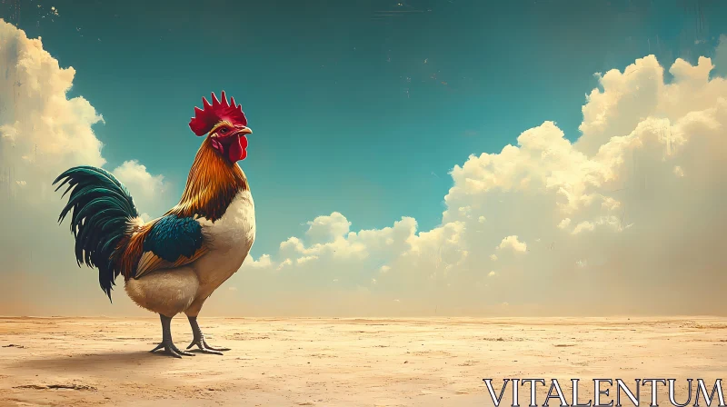 Rooster Under Blue Sky in Desert AI Image