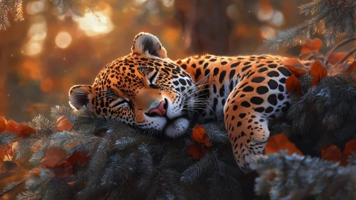 Leopard on Tree in Autumn Forest