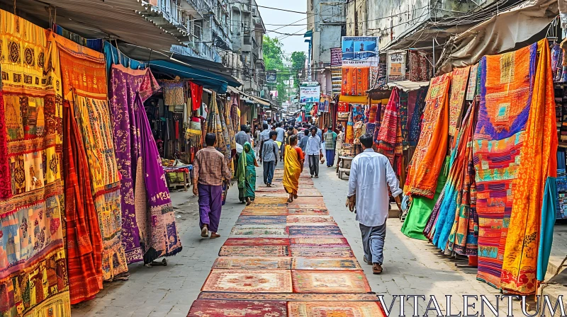 Colorful Textiles at Busy Market Street AI Image