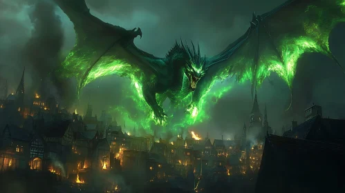 Green Dragon Over Burning City