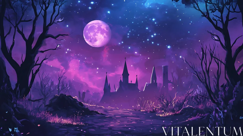 Violet Night Castle Fantasy Scene AI Image