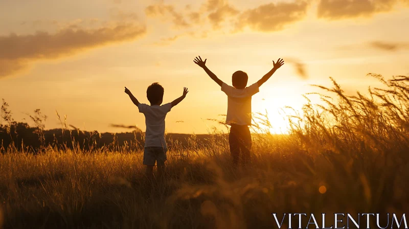 Kids Celebrating Sunset in Golden Field AI Image