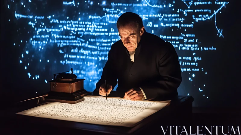 Man Writing with Illuminated Background AI Image