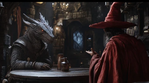 Fantasy Tavern Scene with Dragon and Wizard