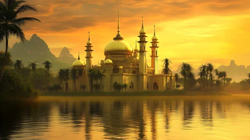 Island Mosque Sunset Reflection