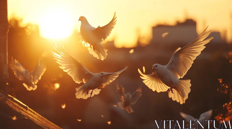 White Doves Flying into Golden Sunset AI Image