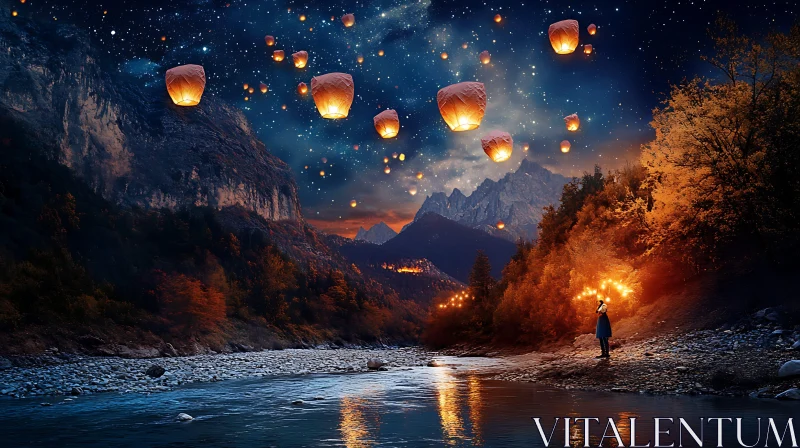 Floating Lanterns in Mountain Valley AI Image