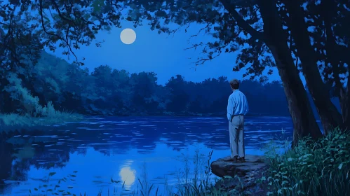 Moonlit Lake View with Solitary Figure