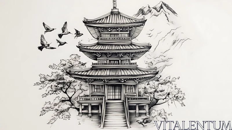 Ink Pagoda Art with Birds and Mountain AI Image