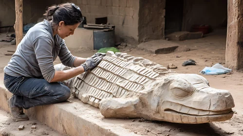 Clay Crocodile Sculpture by Woman