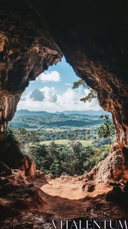 AI ART Scenic Cave View with Green Landscape and Mountains