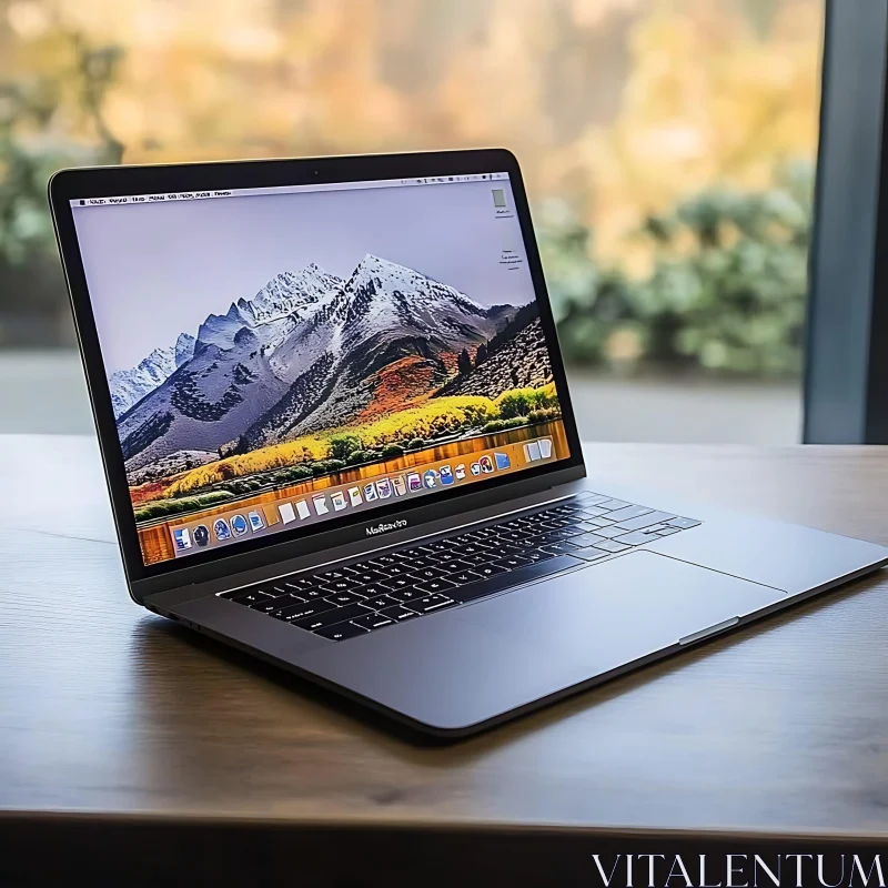 Sleek Laptop with Mountain View Wallpaper on Desk AI Image