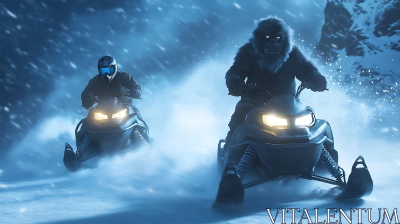 AI ART Snowy Ride with Bigfoot