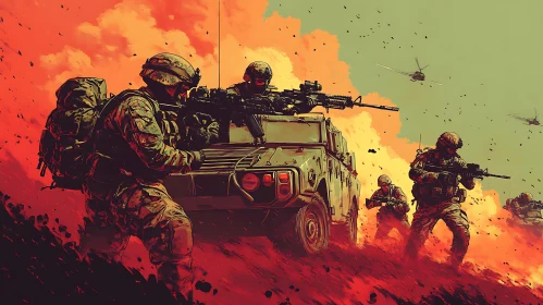 Soldiers in Action with Military Vehicle