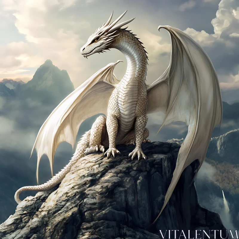 White Dragon on Rocky Outcrop AI Image