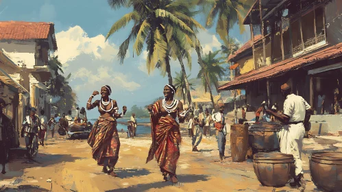 Festive Dancers in a Tropical Village