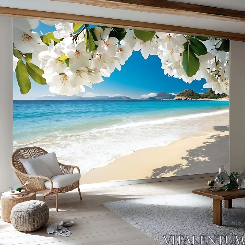 Tranquil Beach and Blossoms Setting AI Image