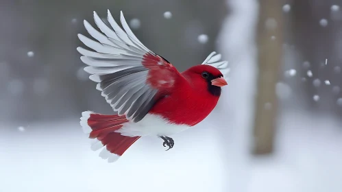 Red Bird Flying in Snow