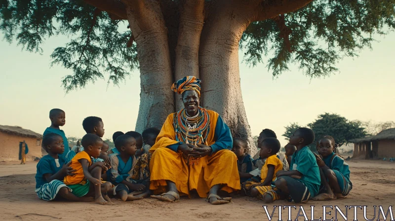 Children Listening to Stories under Tree AI Image