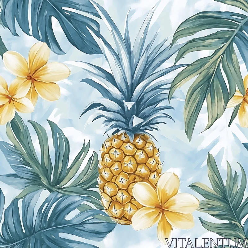 Pineapple and Tropical Leaves Art AI Image