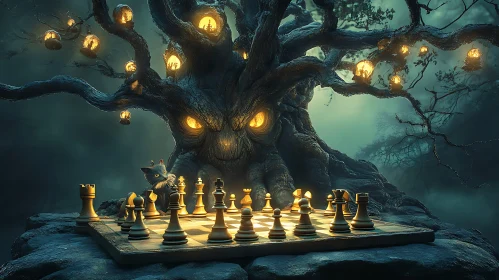 Mystical Chess Match with Glowing Tree