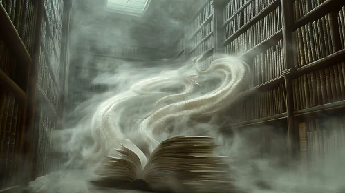 Foggy Library with Open Book