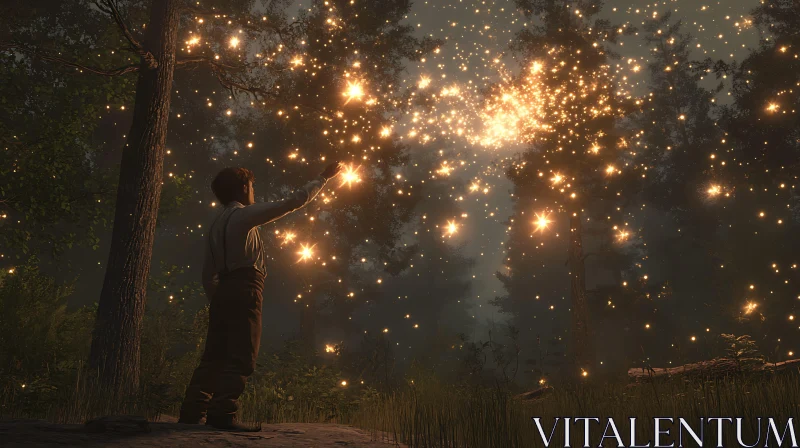 AI ART Man and Fireflies in a magical forest