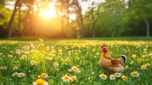 Sunlit Meadow with Chicken and Daisies