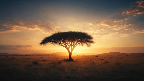 African Savanna Sunset with Lone Tree