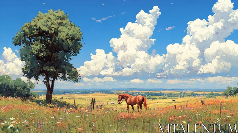 Peaceful Meadow and Horse Painting AI Image