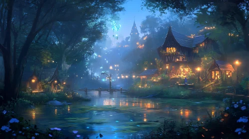 Tranquil Lakeside Village at Nightfall