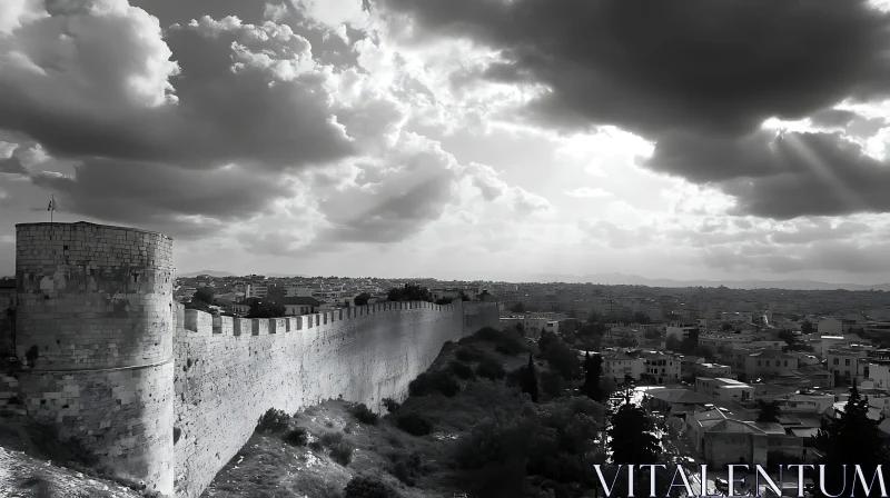 Monochrome Cityscape with Stone Wall AI Image