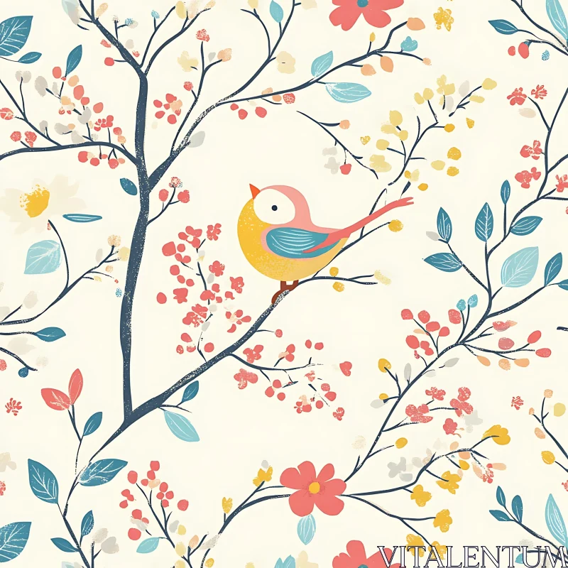 Whimsical Bird Perched on Flowering Branch AI Image