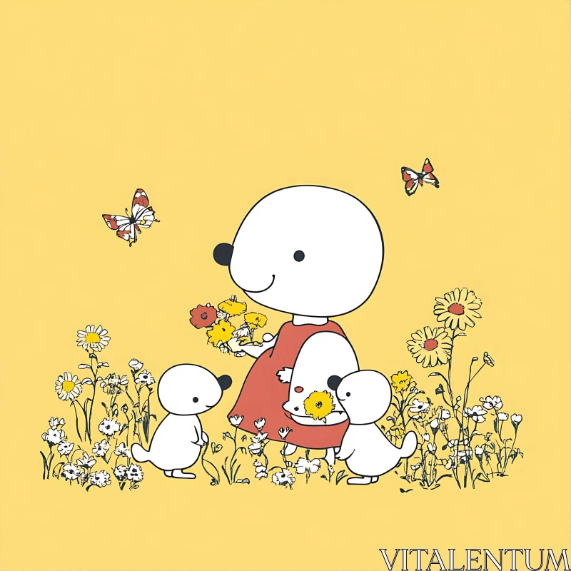 Cute Animal Family in Floral Cartoon Scene AI Image