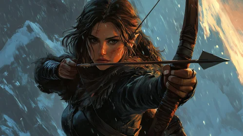 Female Archer Aiming Bow in Winter Scene