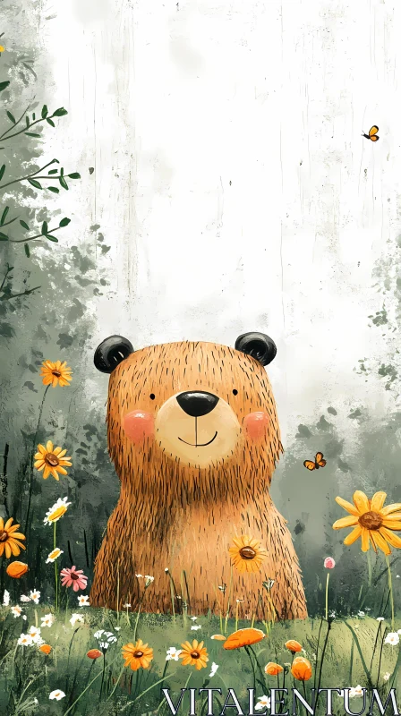 Charming Bear Illustration with Flowers AI Image