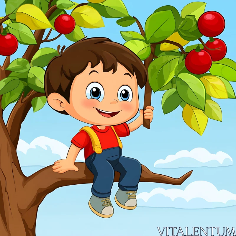 AI ART Cartoon Boy in Apple Tree Illustration