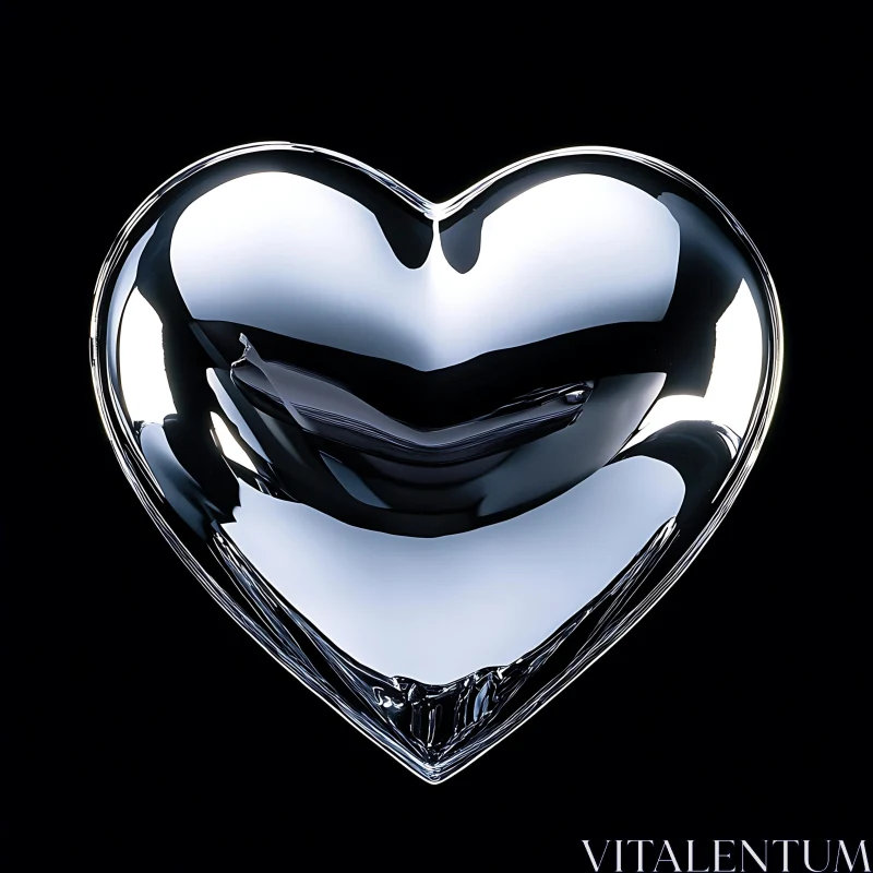 Reflective Silver Heart on Black Background AI Image