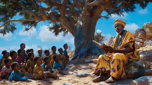 Children Listen to Storyteller Under Tree