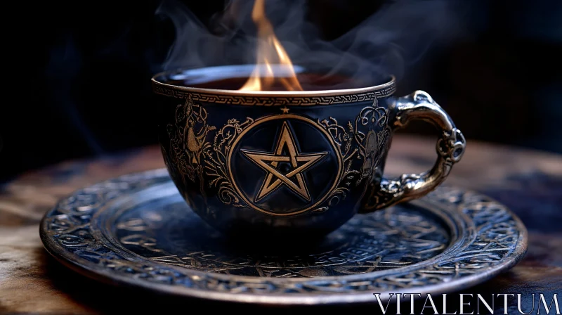 AI ART Mystical Brew: Pentagram Cup Ablaze