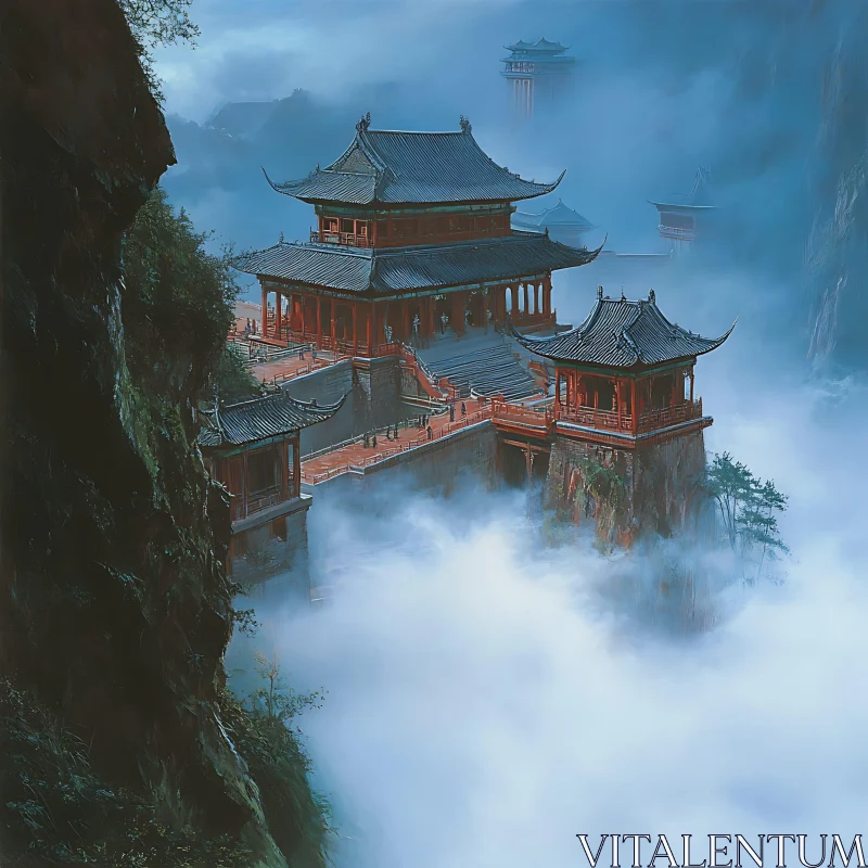 Asian Temple above the Clouds AI Image