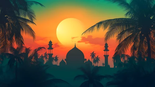 Sunset Over Mosque with Palm Trees