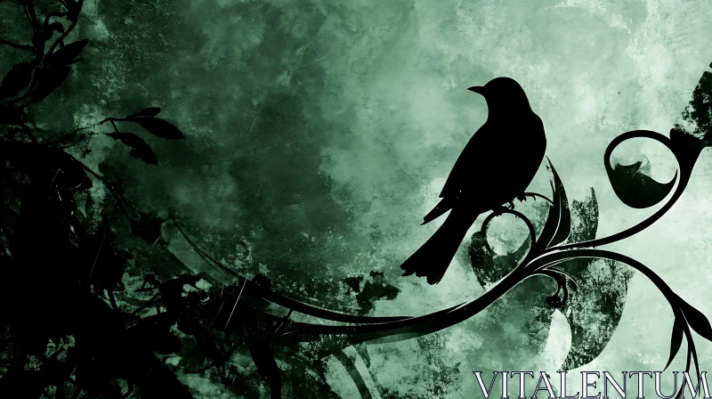 Bird on Branch - Abstract Green Art AI Image