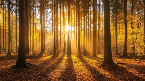 Autumn Forest with Illuminating Sun Rays