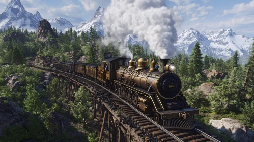 Old Steam Train Crossing Forest Bridge