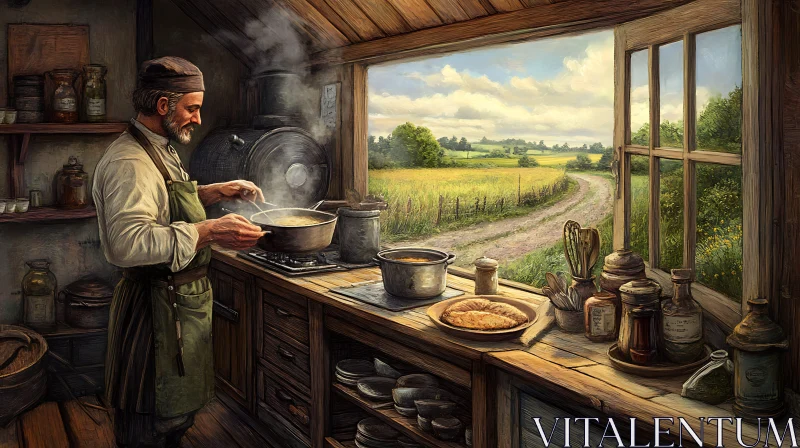 AI ART Rustic Kitchen Scene with Man Cooking